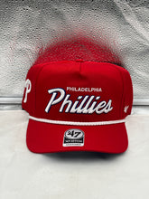 Load image into Gallery viewer, Philadelphia Phillies MLB '47 Brand Red Script Hitch Adjustable Snapback Hat displayed from the front, showcasing the vibrant red color and classic script logo, ideal for baseball fans wanting to show their team spirit.