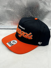 Load image into Gallery viewer, Cincinnati Bengals NFL '47 Throwback Black Script Hitch Snapback Adjustable Hat showcasing the iconic black script logo and adjustable fit for fans.