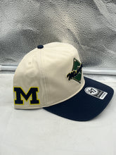 Load image into Gallery viewer, Side angle of the Michigan Wolverines NCAA '47 Brand Natural TT Hitch Adjustable Snapback Hat to show adjustable strap and fit.