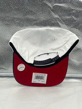 Load image into Gallery viewer, Atlanta Braves MLB '47 Brand White TT Script Hitch Adjustable Snapback Hat worn by a fan at a baseball game, emphasizing team pride.