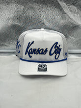 Load image into Gallery viewer, Kansas City Royals MLB '47 Brand White Script Hitch Mesh Adjustable Snapback Hat showcasing the classic white base with bold script lettering and breathable mesh back for game-day comfort.