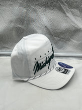 Load image into Gallery viewer, Person wearing the Michigan State Spartans NCAA '47 Brand White Hitch Rope Adjustable Snapback Hat while cheering at a football game.