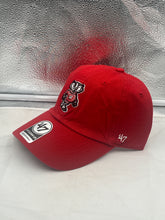 Load image into Gallery viewer, Close-up of the stylish Wisconsin Badgers NCAA '47 Brand Throwback Red Clean Up Adjustable Strapback Hat highlighting the adjustable strapback feature for a perfect fit.