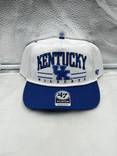 Load image into Gallery viewer, Kentucky Wildcats NCAA '47 Brand White TT Hitch Rope Adjustable Snapback Hat displayed on a white background, emphasizing the stylish design and unique hitch rope detail, perfect for fans looking for a comfortable, fashionable Kentucky Wildcats hat.