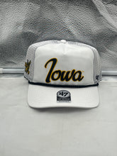 Load image into Gallery viewer, Iowa Hawkeyes NCAA 47 Brand White Script Rope Hitch Mesh Adjustable Snapback Hat showcasing stylish script design and breathable mesh back, perfect for passionate Hawkeyes fans.