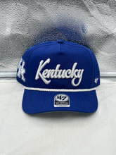 Load image into Gallery viewer, Kentucky Wildcats NCAA '47 Blue Script Rope Hitch Adjustable Snapback Hat displayed on a white background, showcasing its classic blue color and stylish script logo.