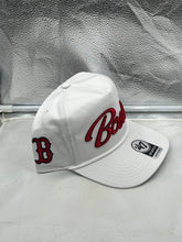 Load image into Gallery viewer, Close-up of Boston Red Sox MLB '47 Brand White Script Rope Hitch Adjustable Snapback Hat logo highlighting the iconic Boston Red Sox emblem.