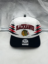 Load image into Gallery viewer, Chicago Blackhawks NHL '47 Brand White Diamond Hitch Adjustable Snapback Hat, stylish sports cap for fans, featuring a white diamond design and adjustable snapback closure.