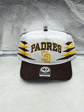 Load image into Gallery viewer, San Diego Padres MLB '47 Brand White Diamond Hitch Adjustable Snapback Hat showcasing its sleek design and adjustable features.