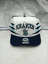 Load image into Gallery viewer, Seattle Kraken NHL '47 Brand White Diamond Hitch Adjustable Snapback Hat featuring team logo and adjustable snapback design.