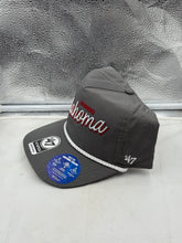 Load image into Gallery viewer, Close-up view of the Oklahoma Sooners hat featuring gray script design and adjustable snapback for comfortable fit.