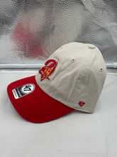Load image into Gallery viewer, Close-up view of the Tampa Bay Buccaneers NFL '47 Brand Throwback Natural TT Clean Up Adjustable Hat showcasing its logo and adjustable strap, ideal for Tampa Bay Buccaneers hat enthusiasts.