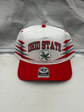 Load image into Gallery viewer, Ohio State Buckeyes NCAA '47 Brand White Diamond Hitch Snapback Adjustable Hat displayed on a model outdoors, showcasing team spirit and style.