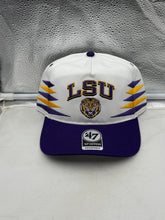 Load image into Gallery viewer, LSU Tigers NCAA '47 Brand White TT Diamond Hitch Snapback Adjustable Hat displayed on a neutral background showing the front view with prominent LSU logo.