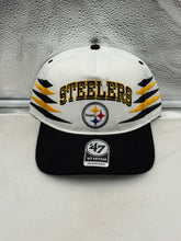 Load image into Gallery viewer, Pittsburgh Steelers NFL '47 Brand White TT Diamond Hitch Snapback Adjustable Hat showcasing a stylish diamond hitch pattern and bold Steelers logo.