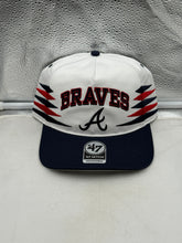 Load image into Gallery viewer, Front view of the Atlanta Braves MLB '47 Brand White TT Diamond Hitch Adjustable Snapback Hat showcasing its vibrant design and team logo, ideal for any Atlanta Braves hat fan.