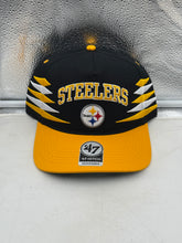 Load image into Gallery viewer, Pittsburgh Steelers NFL '47 Brand Black TT Diamond Hitch Snapback Adjustable Hat displayed on a white background showcasing the bold team logo and sleek black design.