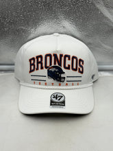 Load image into Gallery viewer, Denver Broncos NFL '47 Brand White Roscoe Hitch Rope Snapback Adjustable Hat displayed on a flat surface, showcasing its stylish design and iconic Broncos logo. This Denver Broncos hat is perfect for fans wanting to show off their team pride.