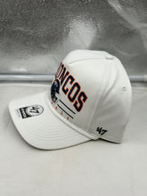 Load image into Gallery viewer, Close-up of the Denver Broncos NFL '47 Brand White Roscoe Hitch Rope Snapback Adjustable Hat, highlighting the unique rope accent and adjustable snapback feature. The ideal Denver Broncos hat for comfort and style.