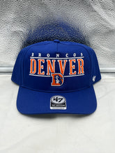 Load image into Gallery viewer, Denver Broncos NFL '47 Brand Throwback Blue Script Hitch Snapback Adjustable Hat showcasing the classic blue script logo with a vintage feel.