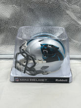 Load image into Gallery viewer, Close-up view of Carolina Panthers NFL Silver Riddell Speed Mini Helmet highlighting its sleek silver finish and team colors.