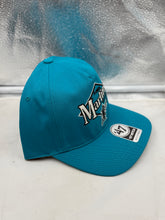 Load image into Gallery viewer, Back view of the Miami Marlins Throwback MLB '47 Brand Teal Hitch Adjustable Snapback Hat highlighting the snapback closure for adjustable wear.