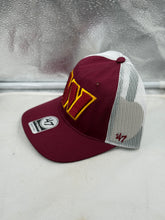 Load image into Gallery viewer, Side view of the Washington Commanders NFL '47 Brand Red Trucker Mesh Strapback Adjustable Hat, highlighting the iconic team logo and adjustable strap.