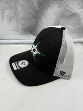 Load image into Gallery viewer, Close-up view of the Dallas Stars NHL '47 Brand Black Mesh Trucker Adjustable Snapback Hat featuring adjustable strap and breathable mesh design, ideal for any Dallas Stars hat collection.