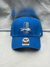 Load image into Gallery viewer, Detroit Lions NFL '47 Brand Throwback Blue Clean Up Adjustable Hat displayed on a white background, showcasing its vintage design and vibrant blue color.