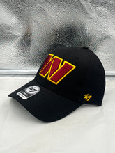Load image into Gallery viewer, Close-up view of the Washington Commanders NFL '47 Brand Black MVP Adjustable Hat highlighting the adjustable strap for a comfortable fit.