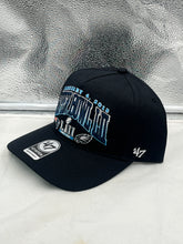 Load image into Gallery viewer, Close-up of Eagles Vs Patriots 2017 Super Bowl Dueling NFL '47 Black Hitch Adjustable Hat featuring high-quality embroidery and an adjustable fit.