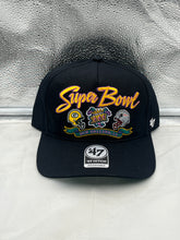 Load image into Gallery viewer, Packers Vs Patriots 1996 Super Bowl Dueling NFL '47 Black Hitch Adjustable Hat showcasing team logos and classic design.