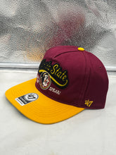 Load image into Gallery viewer, Close-up view of the Florida State Seminoles FSU NCAA '47 Throwback Red Hitch Adjustable Snapback Hat highlighting the iconic Florida State logo and vibrant red color.