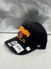 Load image into Gallery viewer, New York Knicks NBA '47 Brand Black Charlton Hitch Snapback Adjustable Hat side view highlighting the adjustable snapback feature.