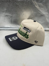 Load image into Gallery viewer, Close-up view of the Seattle Seahawks NFL '47 Brand Natural Two Tone Hitch Snapback Adjustable Hat highlighting the adjustable strap and team logo, perfect for any Seattle Seahawks hat enthusiast.