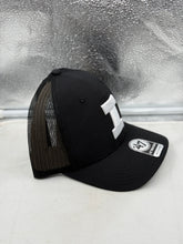 Load image into Gallery viewer, Close-up detail of Illinois Fighting Illini NCAA '47 Brand Black Trucker Adjustable Snapback Hat — Illinois Fighting Illini hat logo on black front