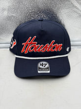 Load image into Gallery viewer, Houston Texans NFL '47 Brand Navy Script Hitch Rope Snapback Adjustable Hat – Houston Texans hat close-up showing navy script logo