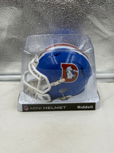 Load image into Gallery viewer, Denver Broncos Throwback NFL Riddell Blue Replica Mini Helmet close-up – Denver Broncos Mini Helmet with classic logo and glossy finish