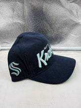 Load image into Gallery viewer, Seattle Kraken NHL '47 Brand Corduroy Navy Hitch Adjustable Snapback Hat showcasing a premium corduroy texture, perfect for game day or casual wear.
