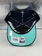 Load image into Gallery viewer, Close-up of the Seattle Kraken NHL '47 Brand Corduroy Navy Hitch Adjustable Snapback Hat highlighting the adjustable snapback closure and Kraken branding.