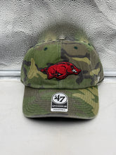 Load image into Gallery viewer, Arkansas Razorbacks NCAA '47 Brand Camo Clean Up Adjustable Strapback Hat showcasing a bold camo design, perfect for game day.