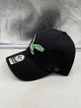 Load image into Gallery viewer, Side view of the Philadelphia Eagles NFL '47 Brand Throwback Black Clean Up Adjustable Hat, highlighting its adjustable strap for a perfect fit.