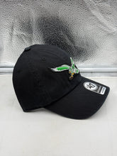 Load image into Gallery viewer, Close-up of the Philadelphia Eagles NFL '47 Brand Throwback Black Clean Up Adjustable Hat's embroidered logo and premium fabric quality.