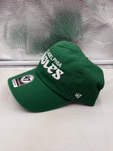 Load image into Gallery viewer, Close-up of Philadelphia Eagles NFL '47 Brand Throwback Green Script Clean Up Adjustable Hat showcasing the bold script logo and green color.