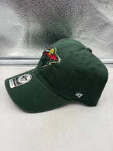 Load image into Gallery viewer, Close-up view of the Minnesota Wild NHL '47 Brand Green Clean Up Adjustable Hat highlighting the logo detail and structured fit.