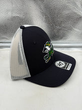 Load image into Gallery viewer, Notre Dame Fighting Irish NCAA '47 Brand Navy Adjustable Trucker Snapback Hat - Detailed close-up of the embroidered logo.