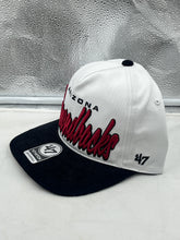 Load image into Gallery viewer, Close-up view of the Arizona Diamondbacks MLB '47 White Two Tone Script Hitch Adjustable Snapback Hat highlighting the embroidered logo and two-tone color scheme.