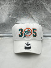 Load image into Gallery viewer, Miami Dolphins NFL '47 Throwback 305 White Clean Up Adjustable Strapback Hat displayed on a neutral background, showcasing the embroidered Dolphins logo and adjustable strap design.