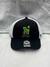 Load image into Gallery viewer, Minnesota North Stars NHL '47 Brand Black Trucker Mesh Adjustable Snapback Hat displayed on a white background, showcasing the team logo and adjustable snapback design.