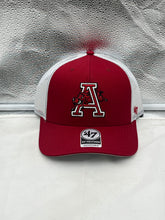 Load image into Gallery viewer, Arkansas Razorbacks NCAA '47 Brand Throwback Red Trucker Adjustable Snapback Hat displayed with vibrant red color and vintage design.